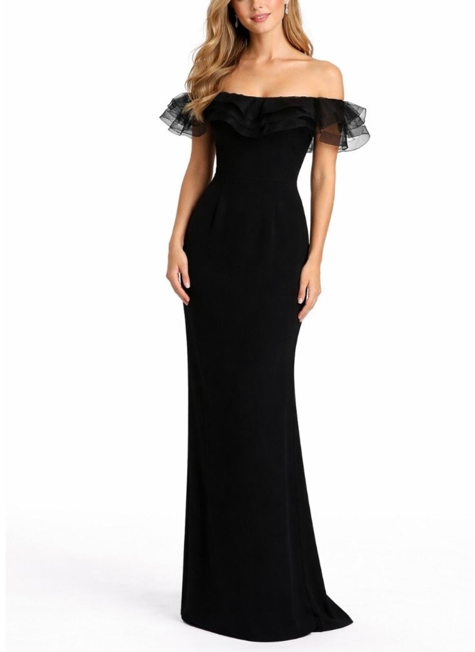 Aidan Mattox Black Evening Gown Ruffled Off the Shoulder Column Dress Size 4 - Picture 1 of 11